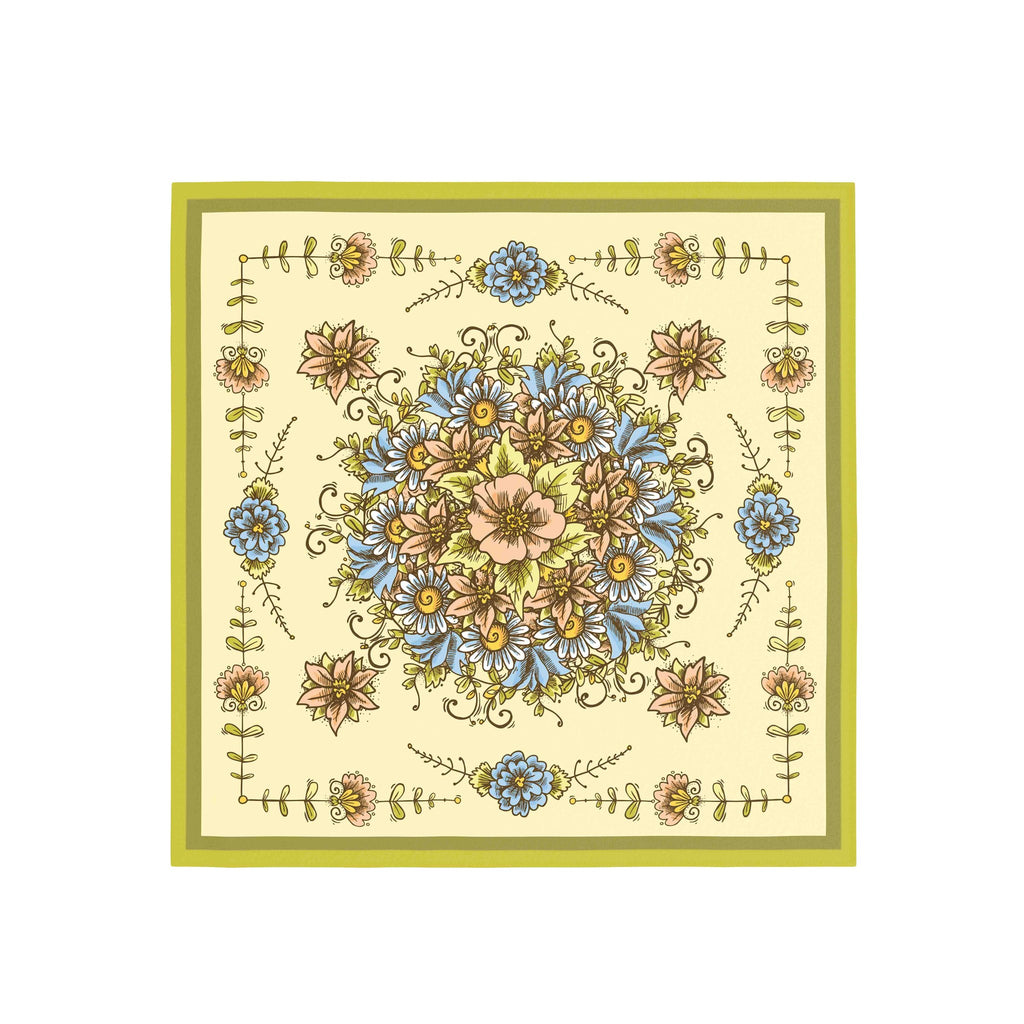 Buttercream Folk Floral Silk Bandana Scarf – 50 × 50 cm