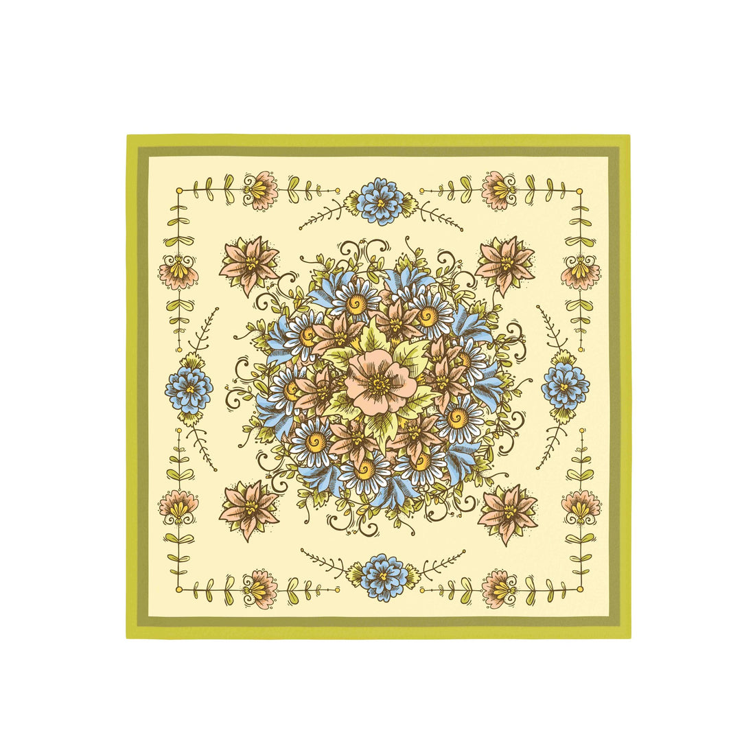 Buttercream Folk Floral Silk Bandana Scarf – 50 × 50 cm