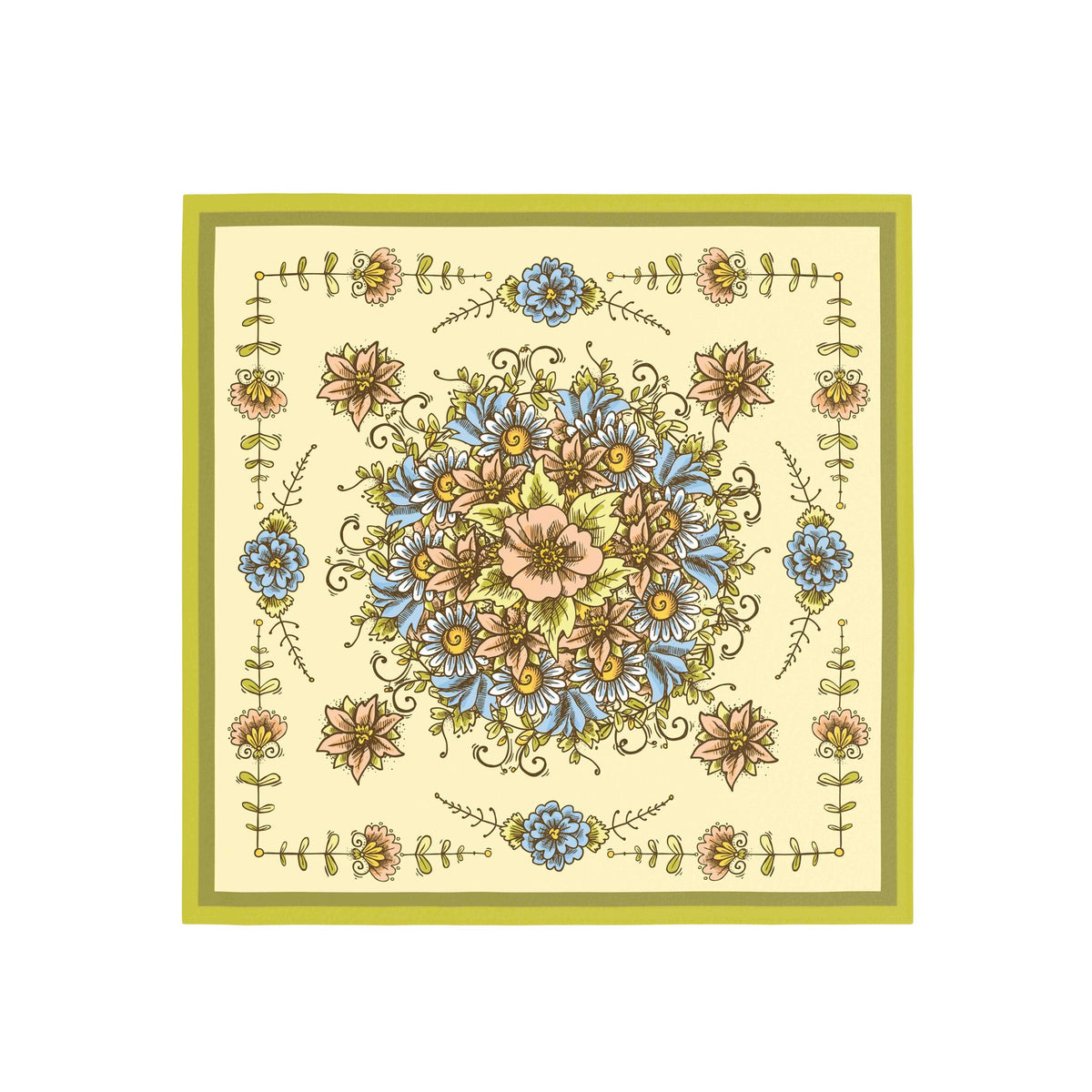 Buttercream Folk Floral Silk Bandana Scarf – 50 × 50 cm