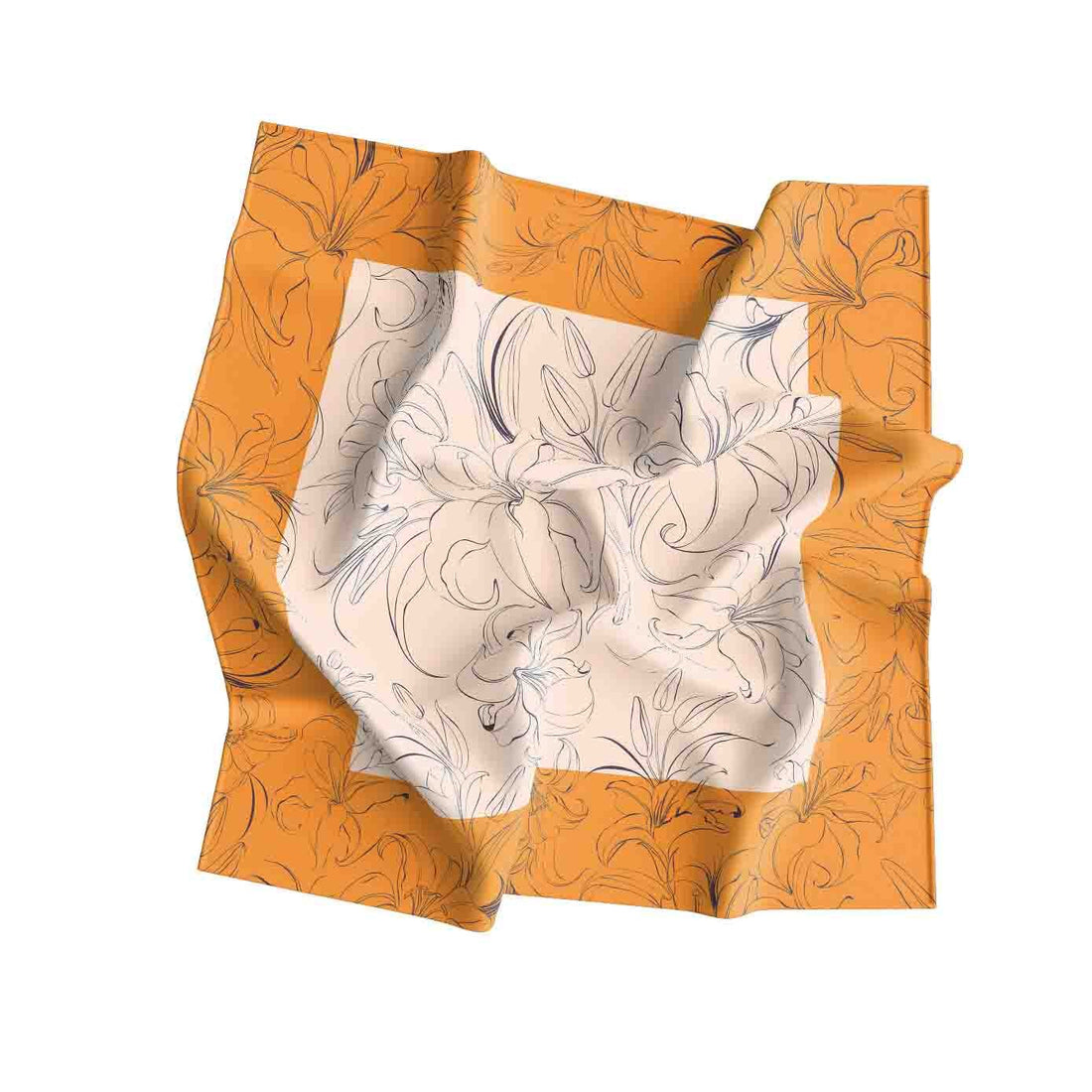 Saffron Line Floral Silk Bandana Scarf – 50 × 50 cm