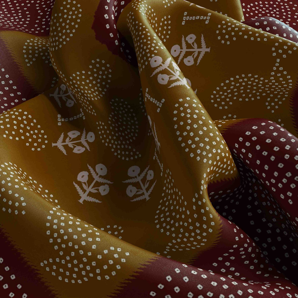 Mustard Maroon Block Print Silk Square Scarf – 65 × 65 cm