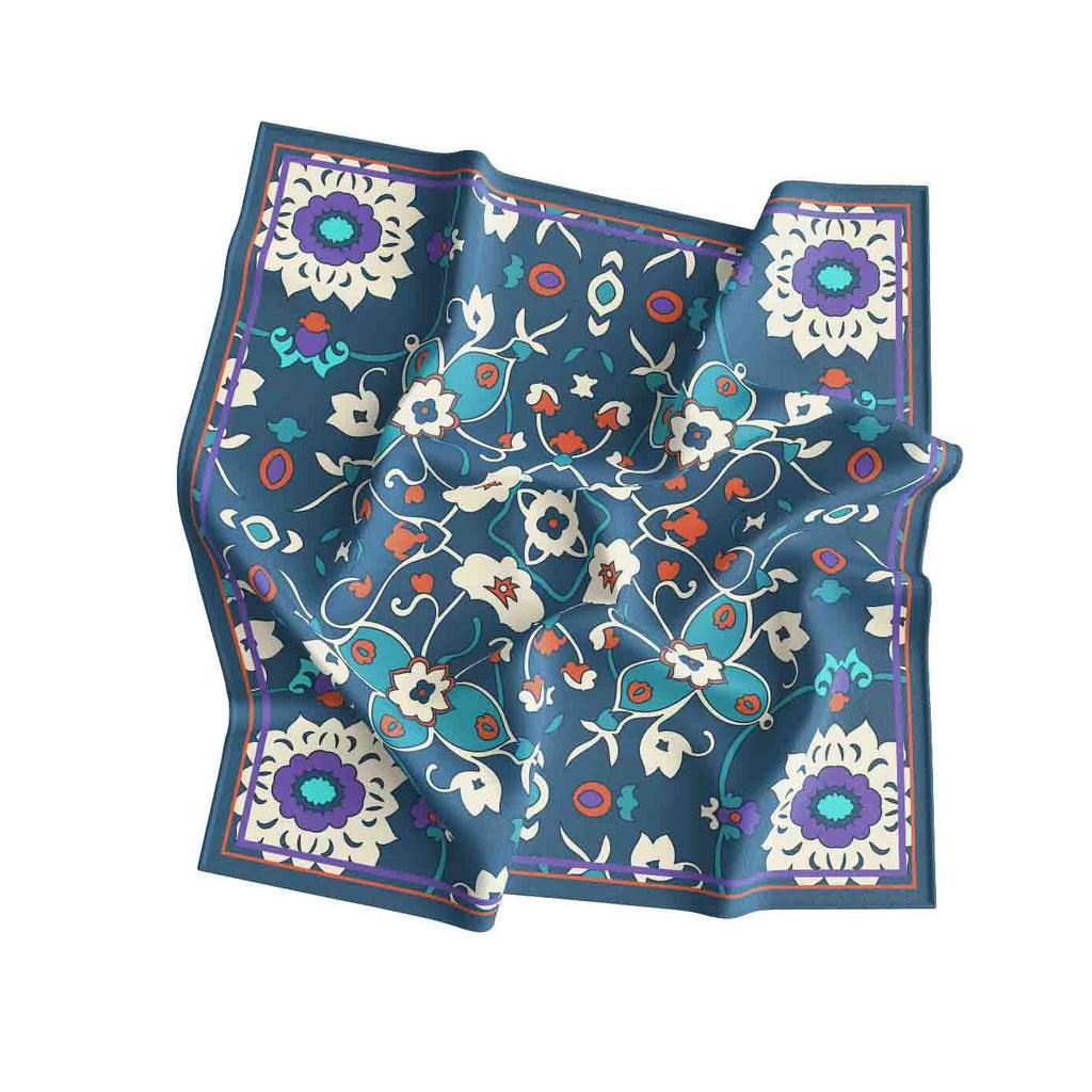 Indigo Suzani Silk Bandana Scarf – 50 × 50 cm