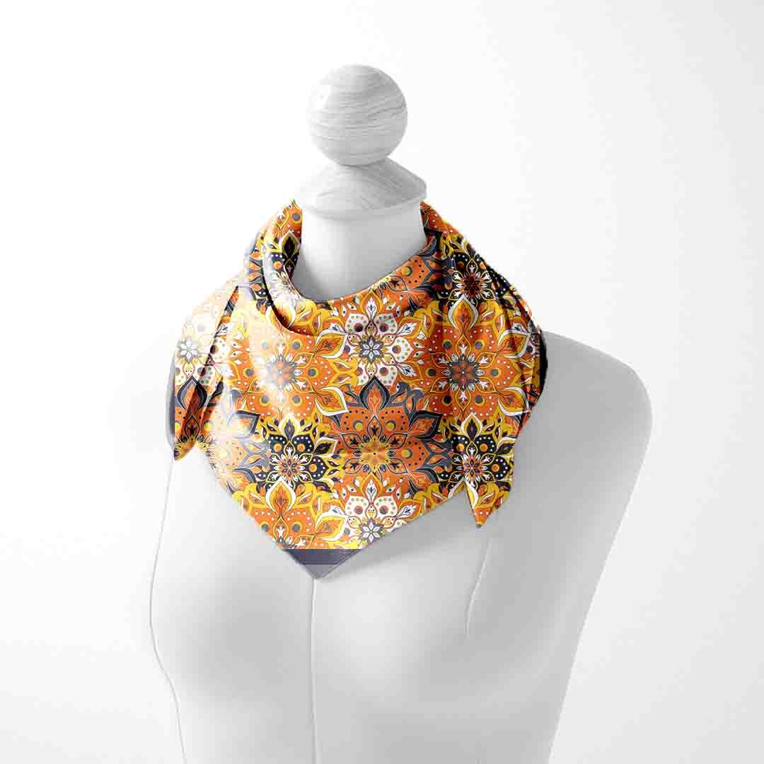 Marigold Medallion Slate Silk Square Scarf – 65 × 65 cm