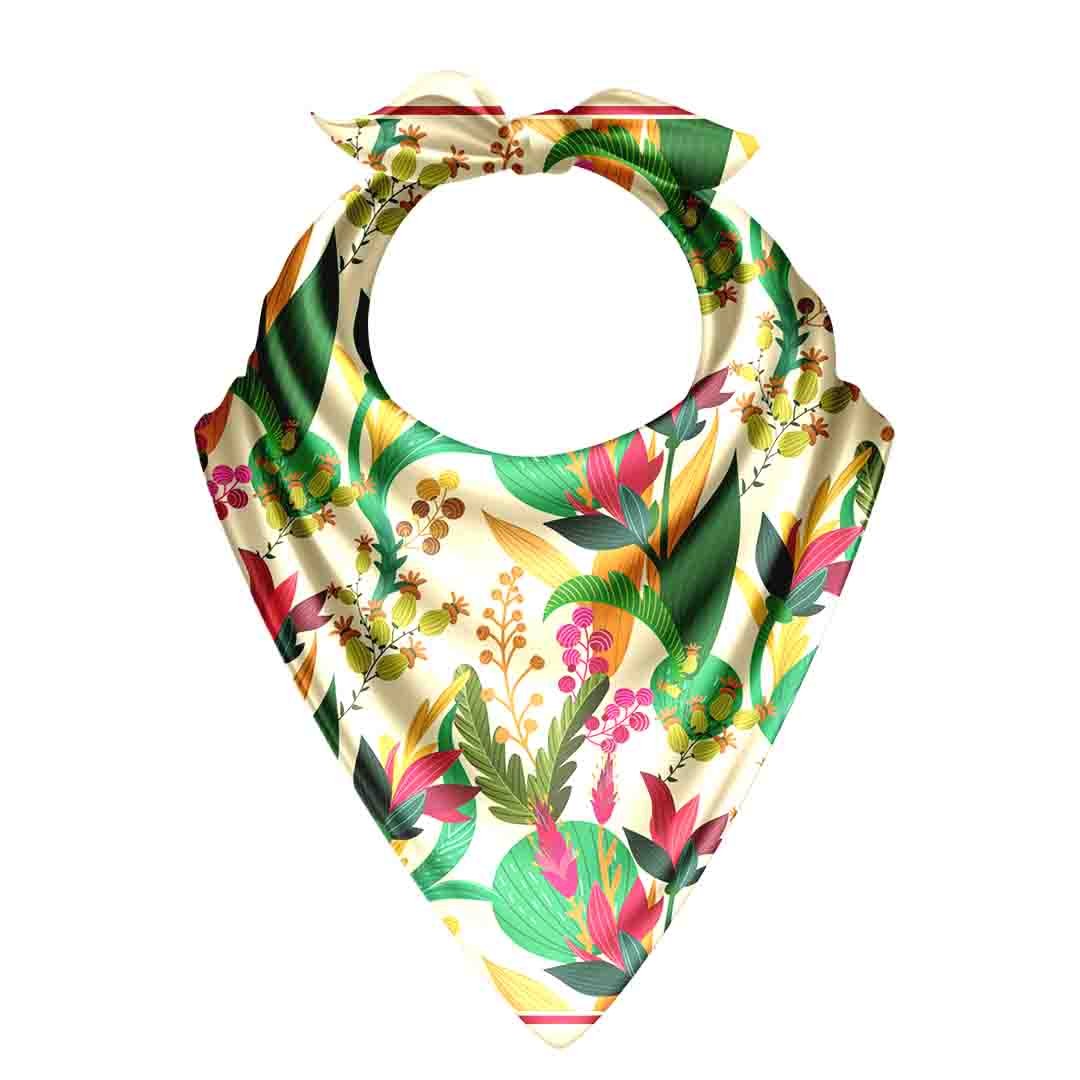 Tropical Bloom Ivory Silk Bandana Scarf – 50 × 50 cm