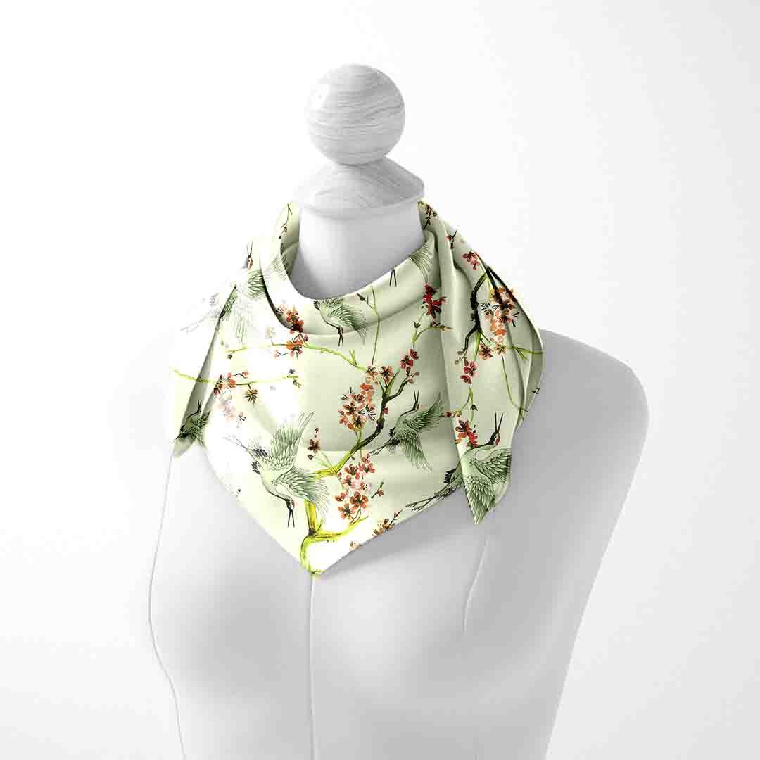 Mint Blossom Branch Silk Square Scarf – 65 × 65 cm