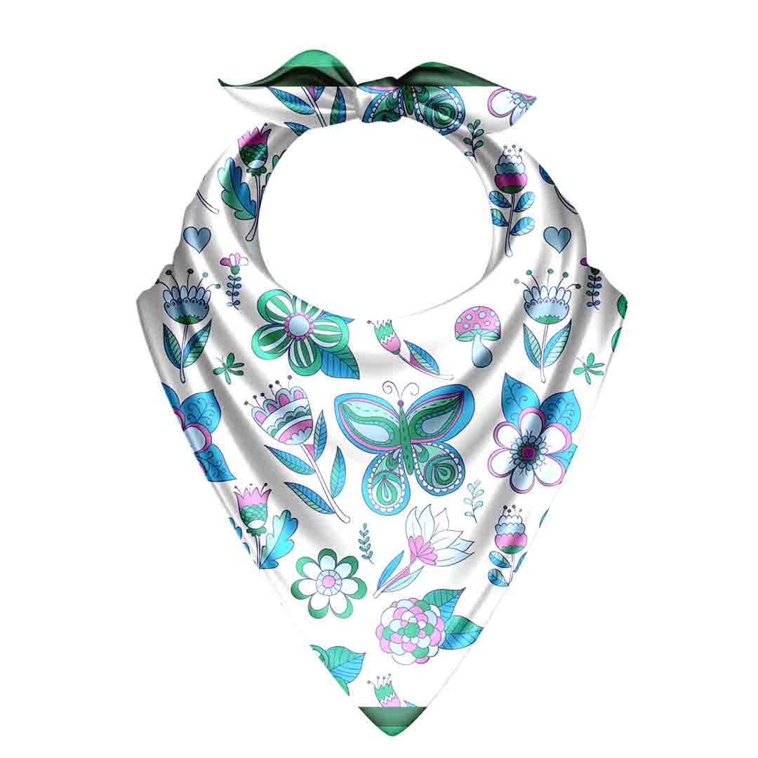 Emerald Folk Garden Silk Bandana Scarf – 50 × 50 cm