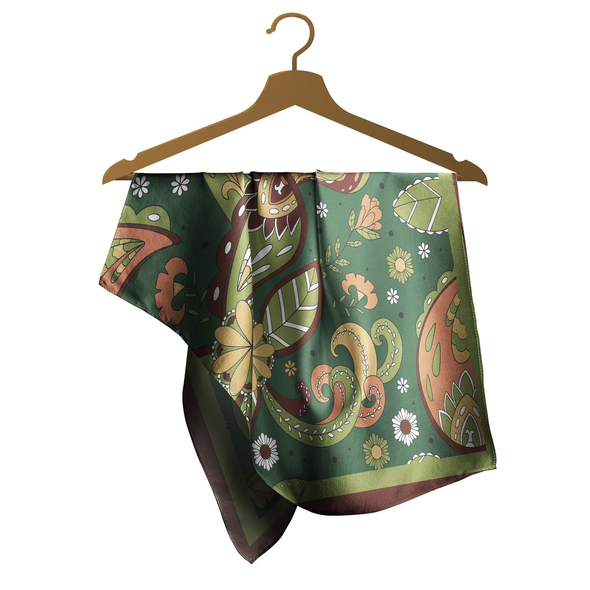 Sage Retro Paisley Silk Square Scarf – 65 × 65 cm