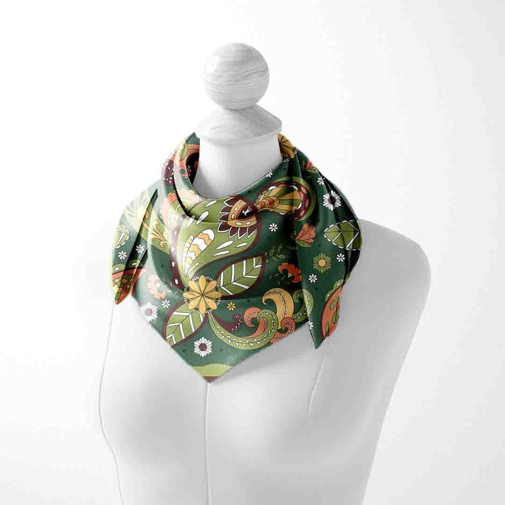 Sage Retro Paisley Silk Square Scarf – 65 × 65 cm