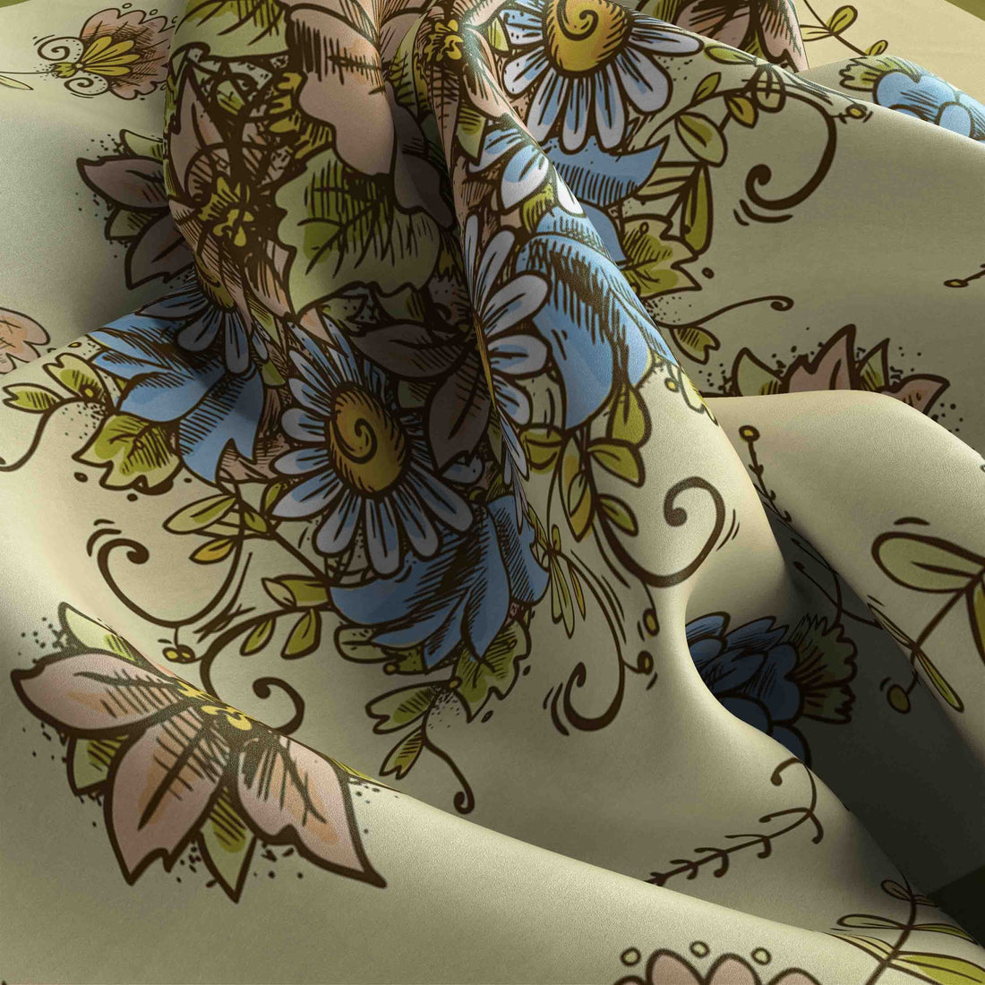 Buttercream Folk Floral Silk Bandana Scarf – 50 × 50 cm