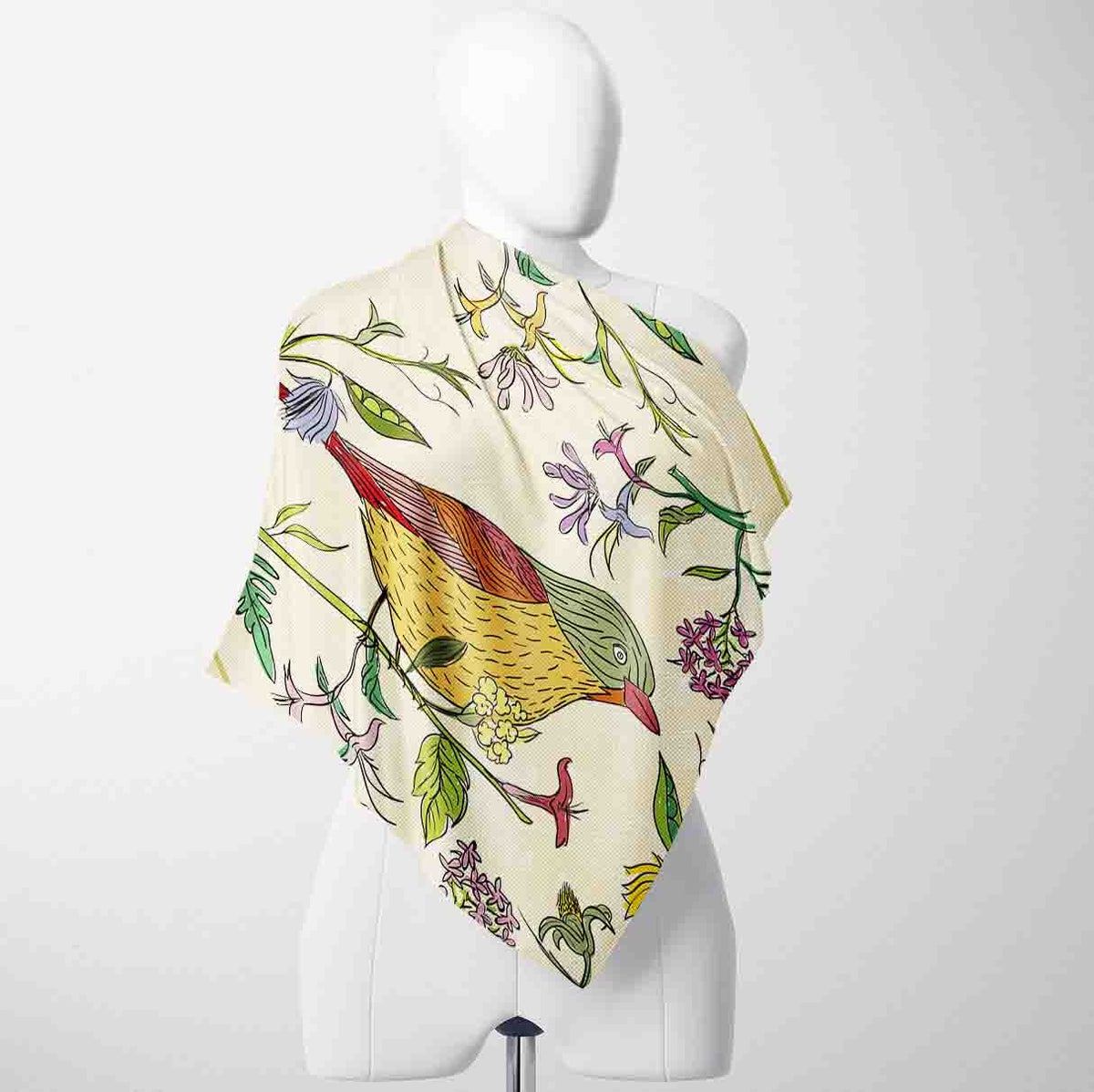 Songbird Botanical Ivory Silk Shawl Wrap – 100 × 100 cm