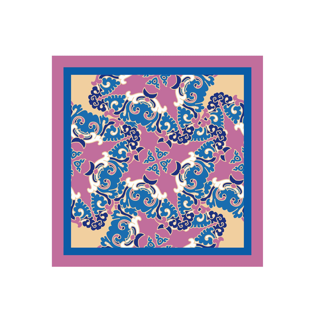 Orchid Blue Damask Silk Bandana Scarf – 50 × 50 cm