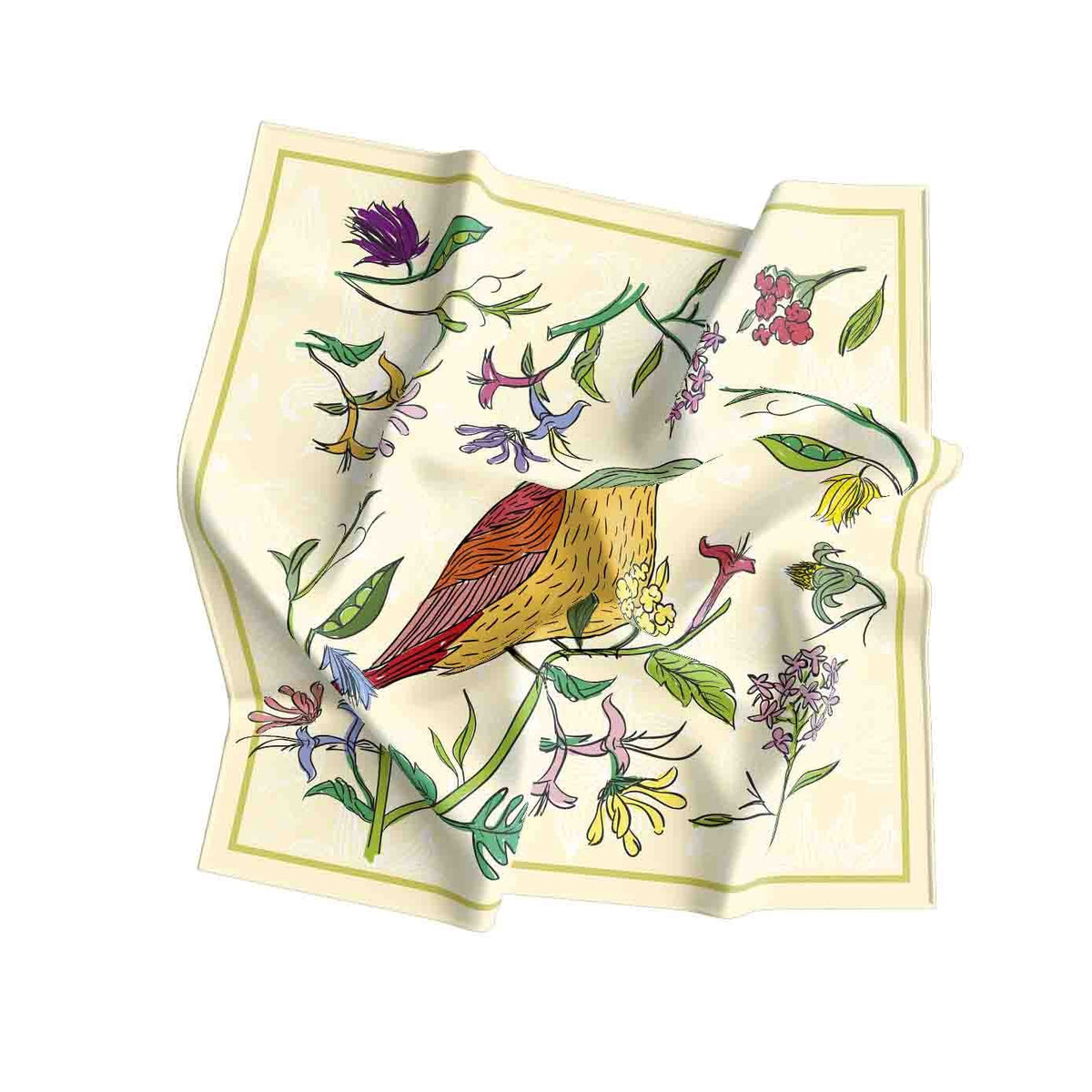 Songbird Botanical Ivory Silk Shawl Wrap – 100 × 100 cm