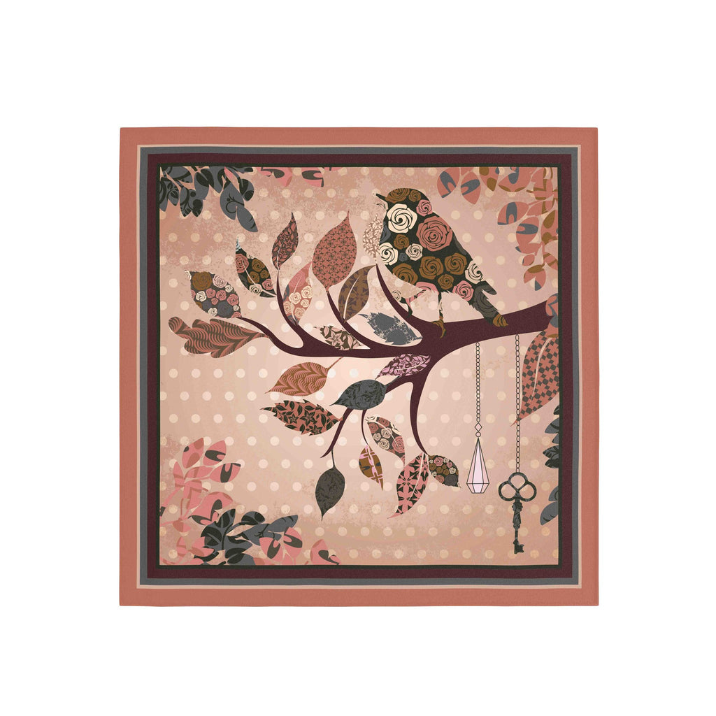 Owl Branch Terracotta Silk Bandana Scarf – 50 × 50 cm