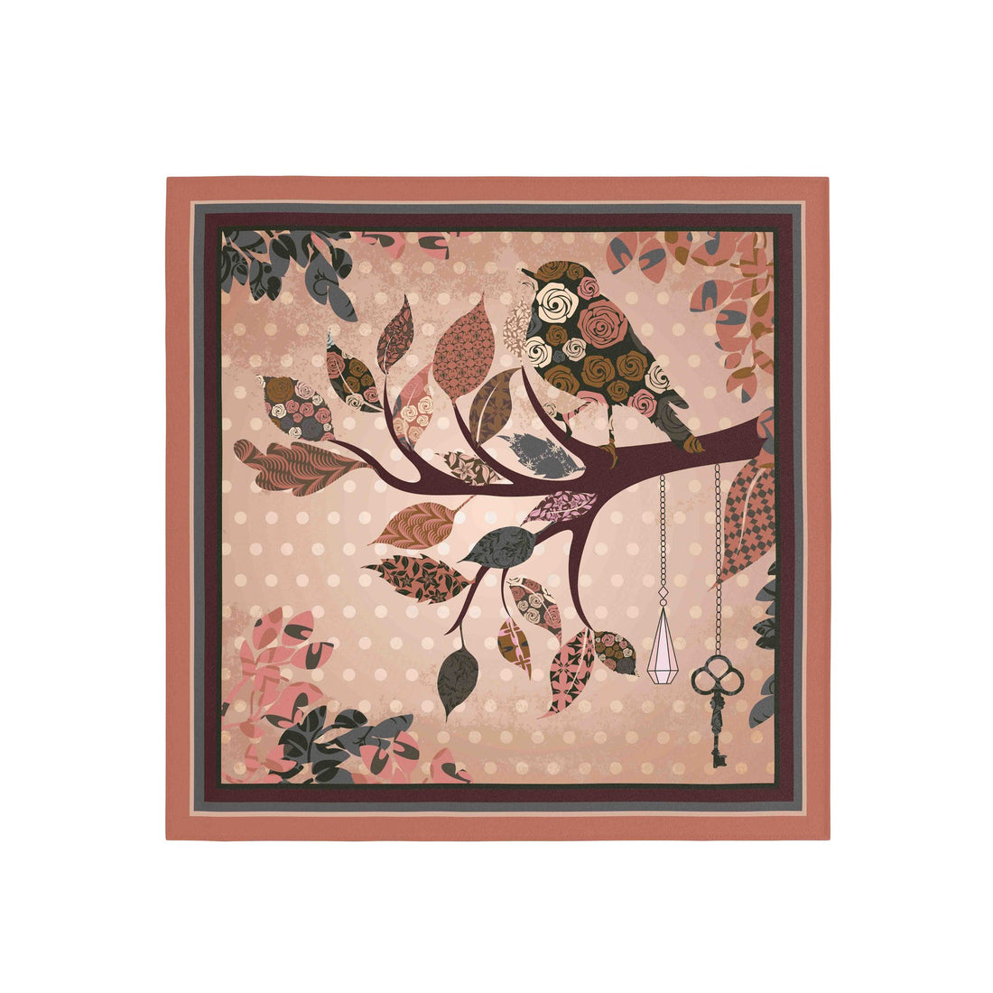 Owl Branch Terracotta Silk Bandana Scarf – 50 × 50 cm