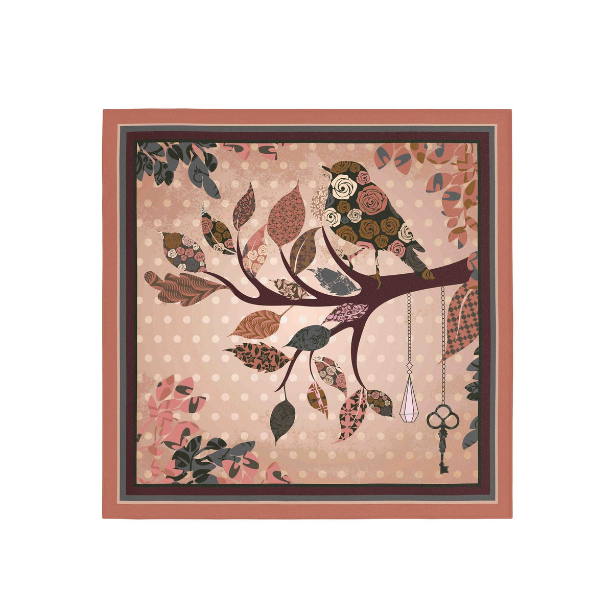 Owl Branch Terracotta Silk Bandana Scarf – 50 × 50 cm